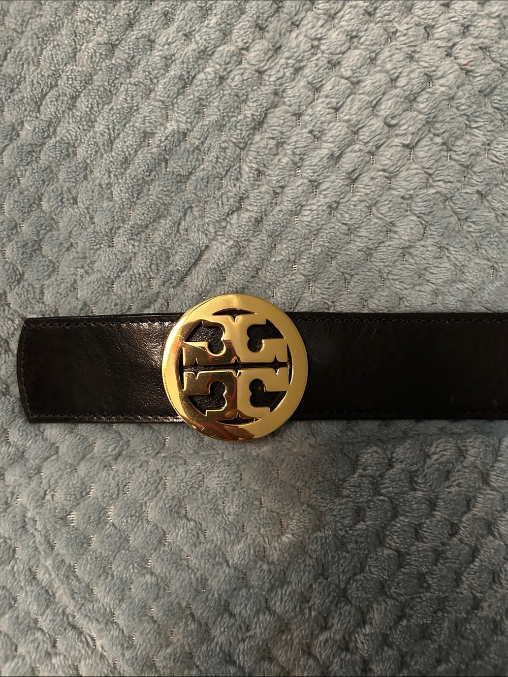 Tory Burch Black Leather Belt with Gold Medallion Buckle